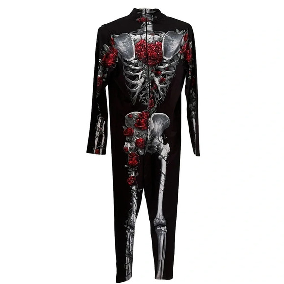Skeleton Rose Print Scary Costume Black Skinny Jumpsuit Bodysuit Halloween XL - Picture 8 of 9